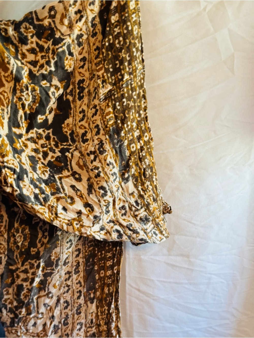 Earthy Boho Patterned Open Front Kimono - Mustard & Brown - Picture 3 of 5